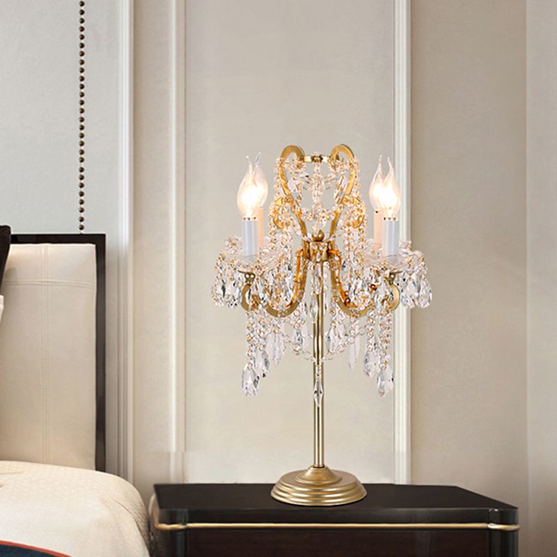 Lampada da tavolo in cristallo trasparente bianco/oro con braccio piegato, lampada notturna in stile rurale a 2 luci per soggiorno