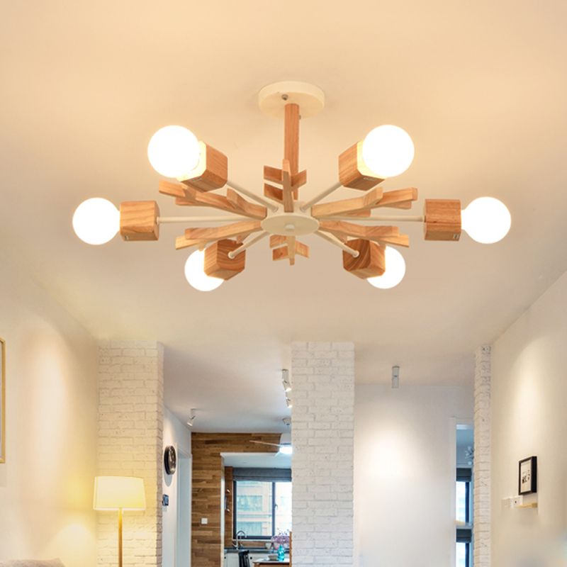 Nordic Starburst semi -filo in legno leggero 3/6 teste il lampadario a soffitto del soffitto con design a bulbo esposto