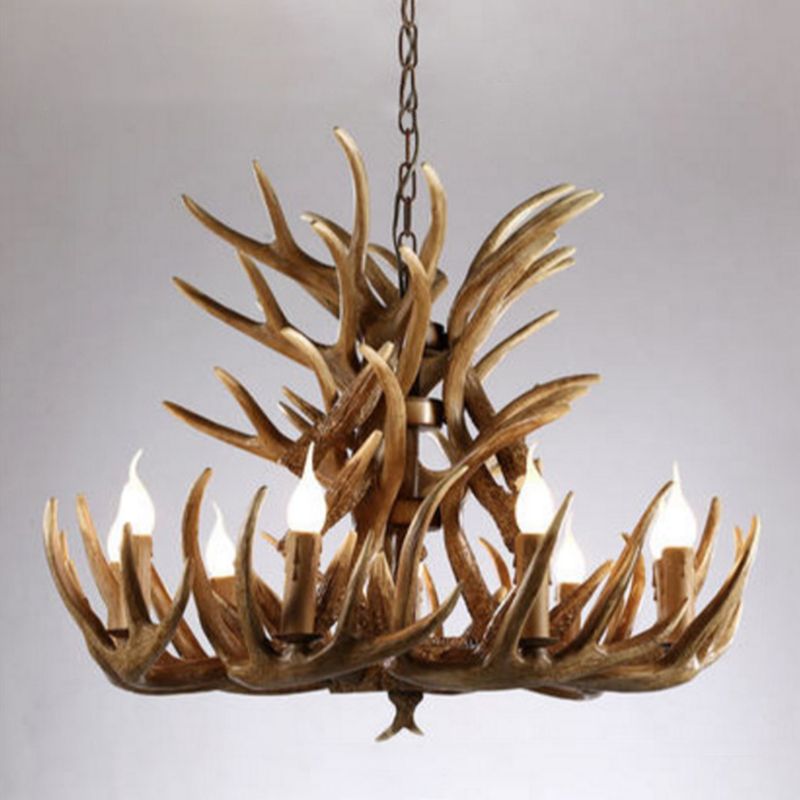 Brown Deer Horn Ceiling Lighting Traditional Resin Living Room Chandelier Light Fixture