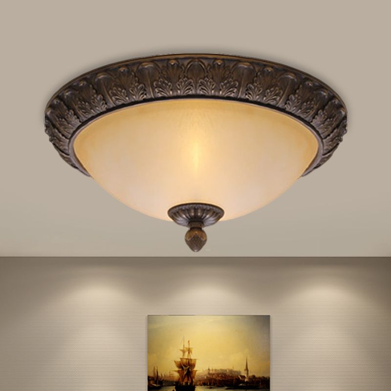 12.5"/15" Wide LED Flush Lamp Vintage Semi-Ball Amber Glass Ceiling Fixture in Brass for Balcony