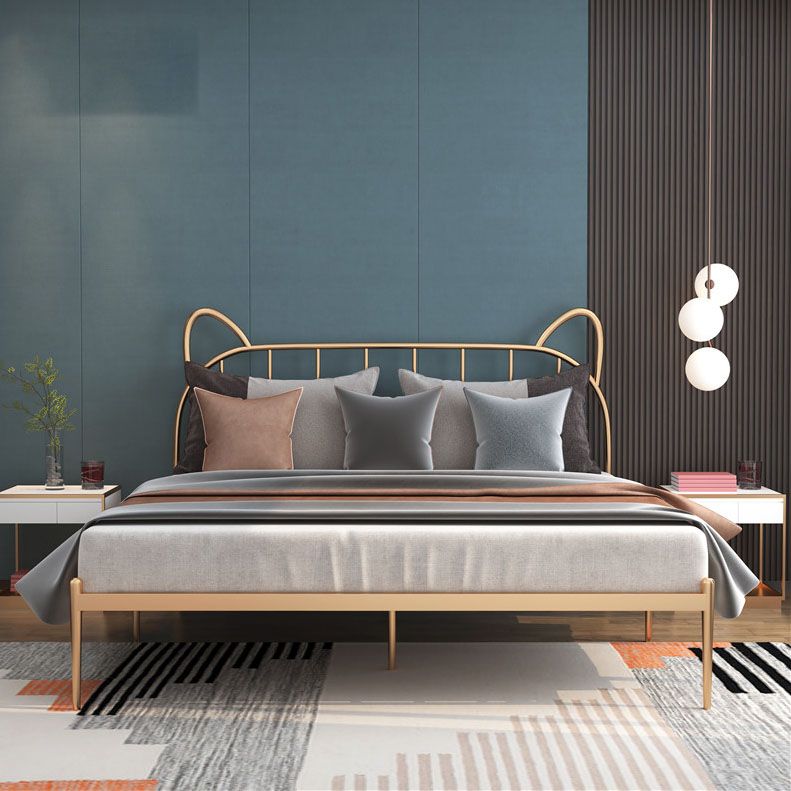 Metal Bed with Headboard High Profile Open-Frame Bed in Gold Finish