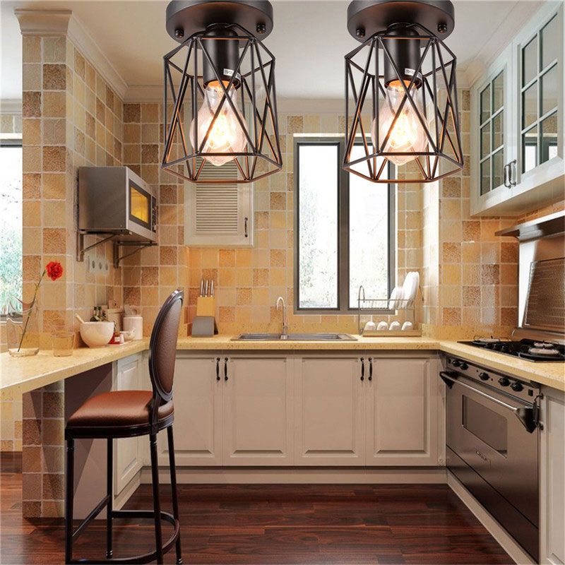 1 Head Wire Cage Semi Flush Light Vintage Style Black Metallic Ceiling Mounted Fixture for Kitchen