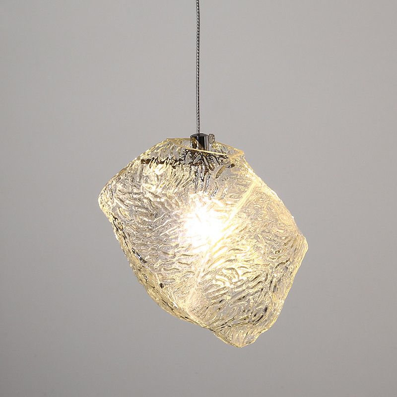 Icy Glass Stone Shaped Suspension Lamp Simplicity 1-Light Chrome Pendant for Dining Room