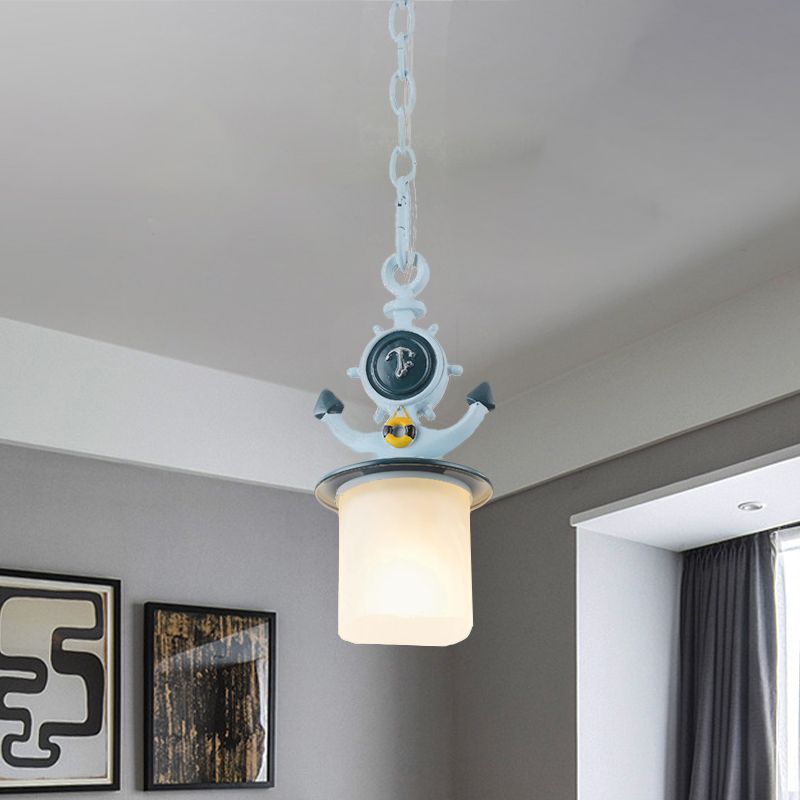 Cilinder Frosted Glass Pendant Light Kids 1 kop Blue Suspension Lamp met ankerontwerp voor woonkamer