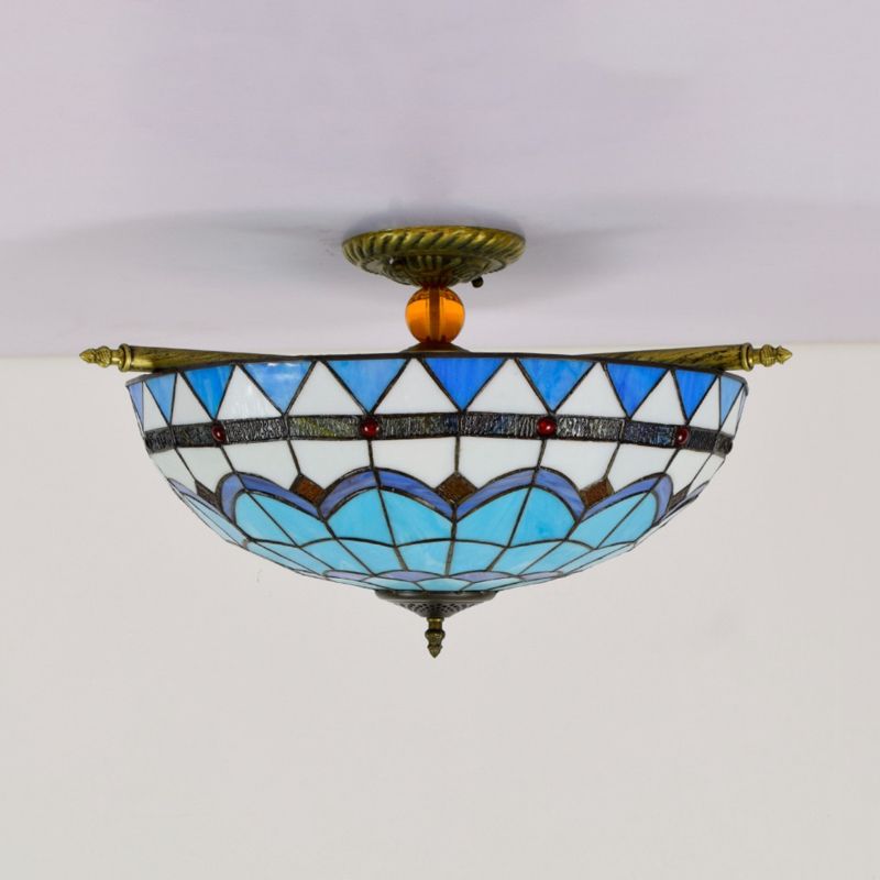 Baroque Dome Semi Flush Mount Lighting 5 Bulbs Handcrafted Stained Glass Close to Ceiling Lamp in White/Blue, 21.5"/25.5" W