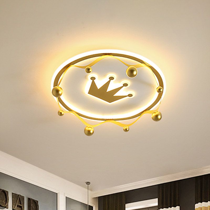 Gold Crown Flush-Mount Light Fixture Cartoon Acrylic LED Ceiling Lighting with Ball Finial, Warm/White Light