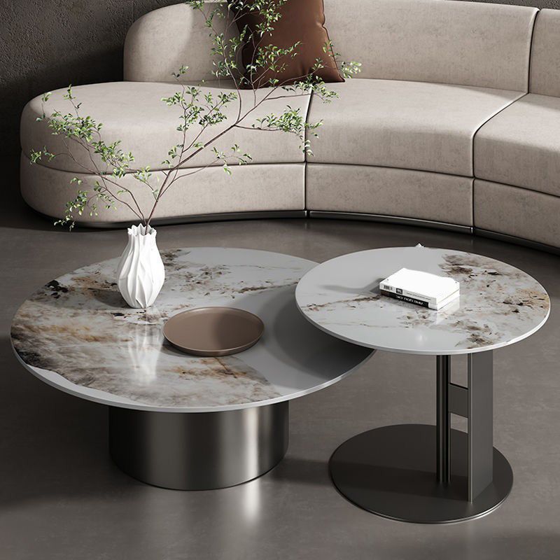 Modern Round Slate Cocktail Table Stainless Steel Pedestal Coffee Table