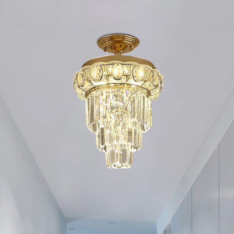 Taper Corridor Ceiling Lamp Modern Clear Crystal Blocks Gold Finish LED Semi Mount Lighting