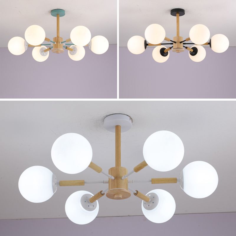 Modern Wood Chandelier Light Fixtures Globe Multi-Head Suspension Lamps for Living Room