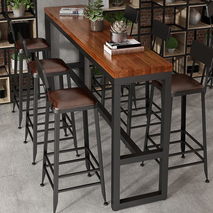 Industrial Style Bar Dining Table Brown Solid Wood Bar Wine Table with Metal Base