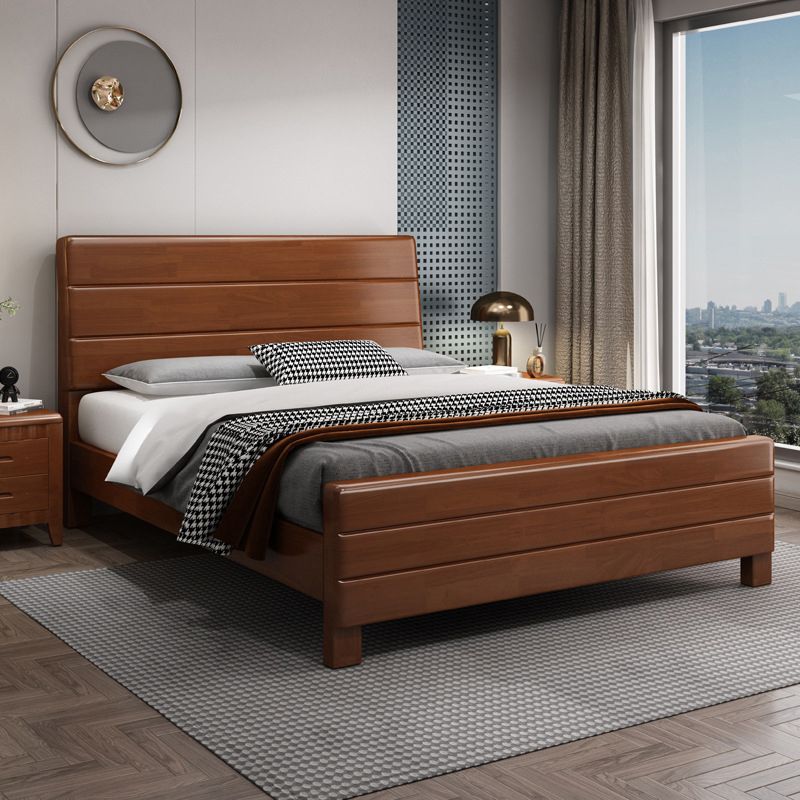 39.37" High Brown Panel Bed with Storage Rubberwood Bed with Headboard