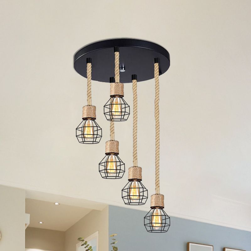 Metal Globe Cage Ceiling Lighting with Adjustable Rope Lodge 3/5 Heads Indoor Hanging Light in Black