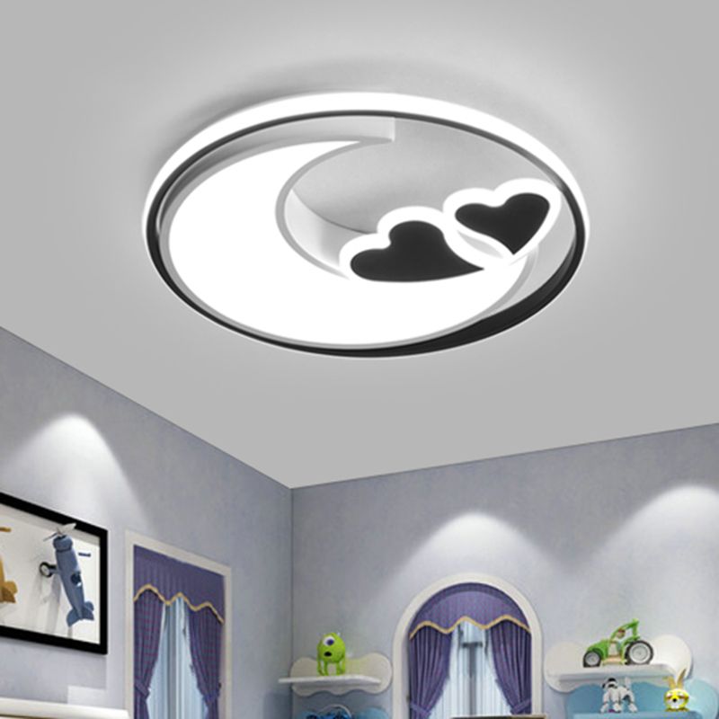 LED Playroom Ceiling Fixture Nordic Black/Pink Flush Lamp with Crescent and Heart Acrylic Shade