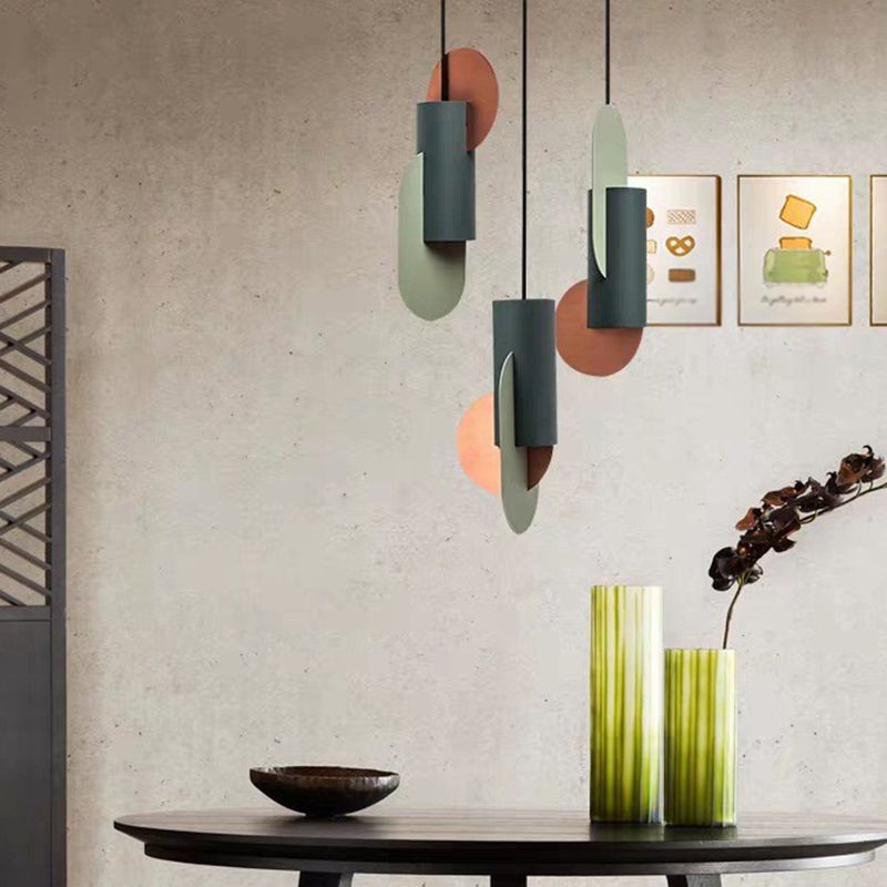 Geometric Colorblock Pendant Lighting Macaron Metal 1-Light Pink-Green-Grey Ceiling Light