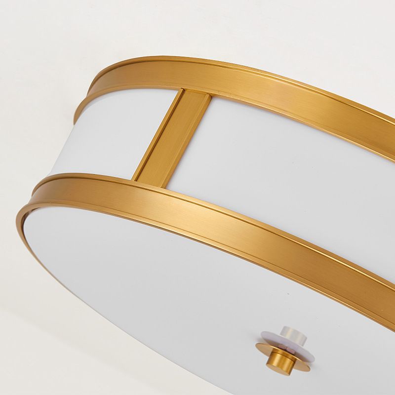 Lámpara de techo de latón en forma de tambor, vidrio esmerilado, lámpara dorada estadounidense