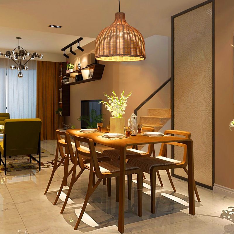 Asia Hanging Ceiling Light Rattan 1-Light Linear Ceiling Pendant Light