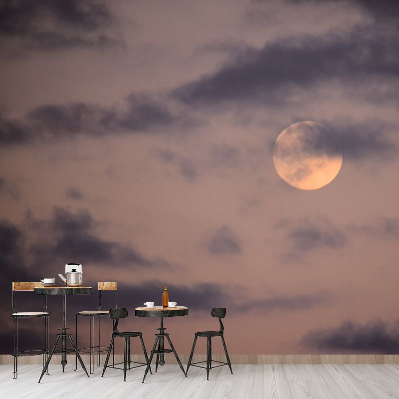 Misty Moon and Cloud Mural for Living Room, Grey-Yellow, Customized Size Available