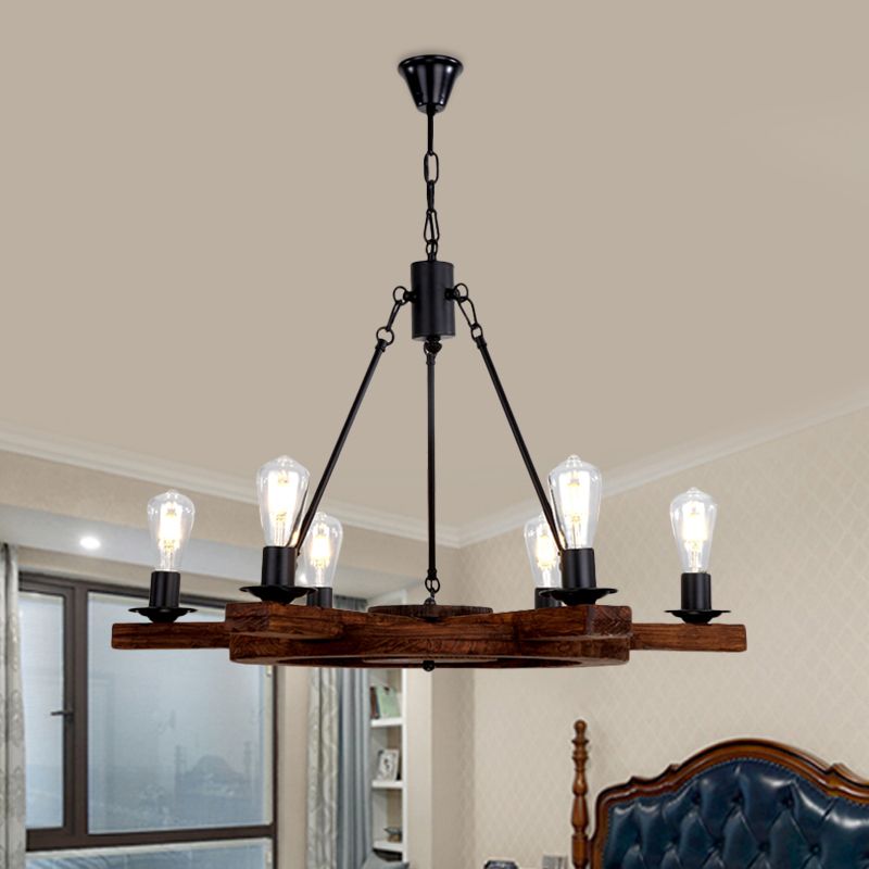 6 luci timesatore di lampadario di lampadario Country Brawn Legno Apparecchiatura a soffitto con design a bulbo nudo per camera da letto