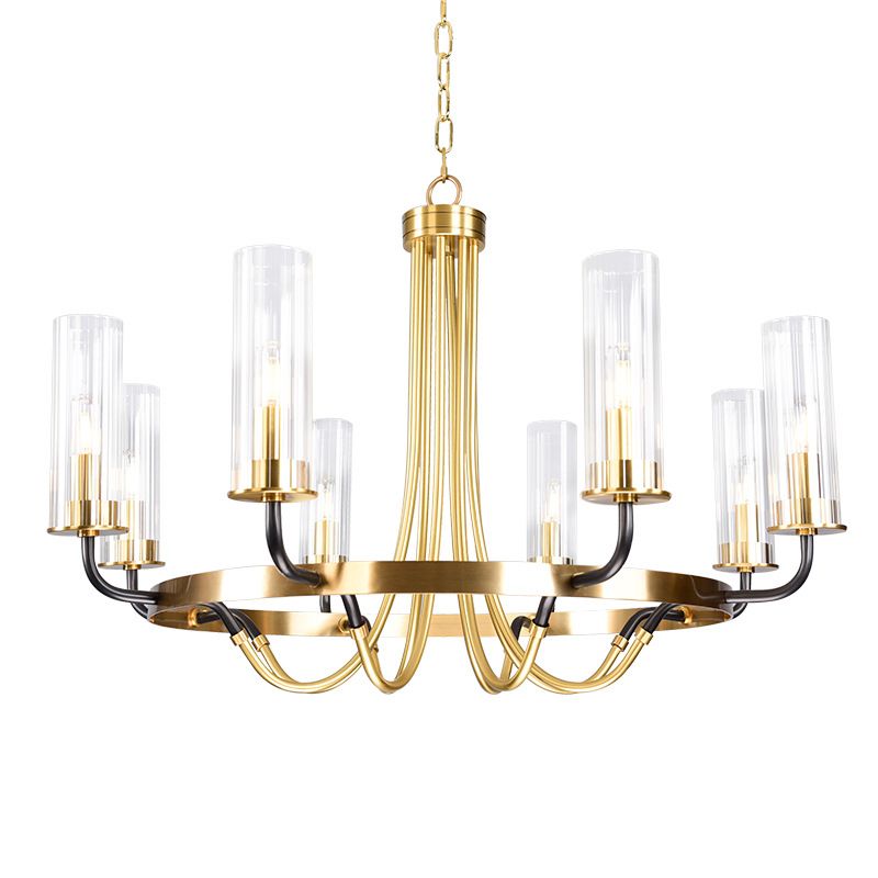 Post-Modern Metal Hanging Chandelier Light Cylinder Clear Glass Shade Ceiling Chandelier in Gold for Living Room