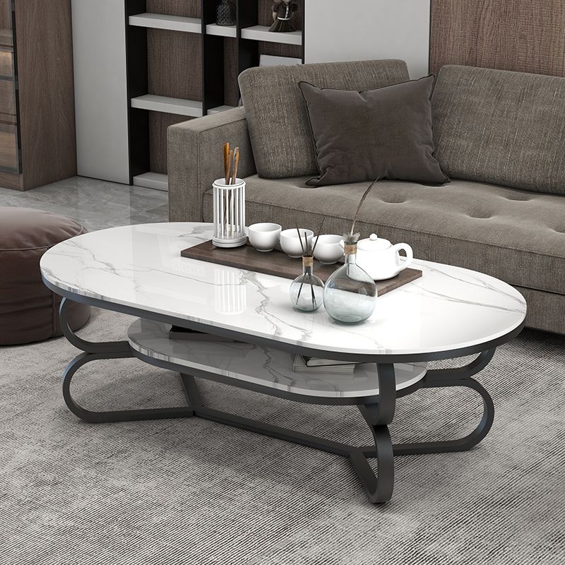 Metal Abstract Base Cocktail Table Oval Slate Top Coffee Table with Shelf