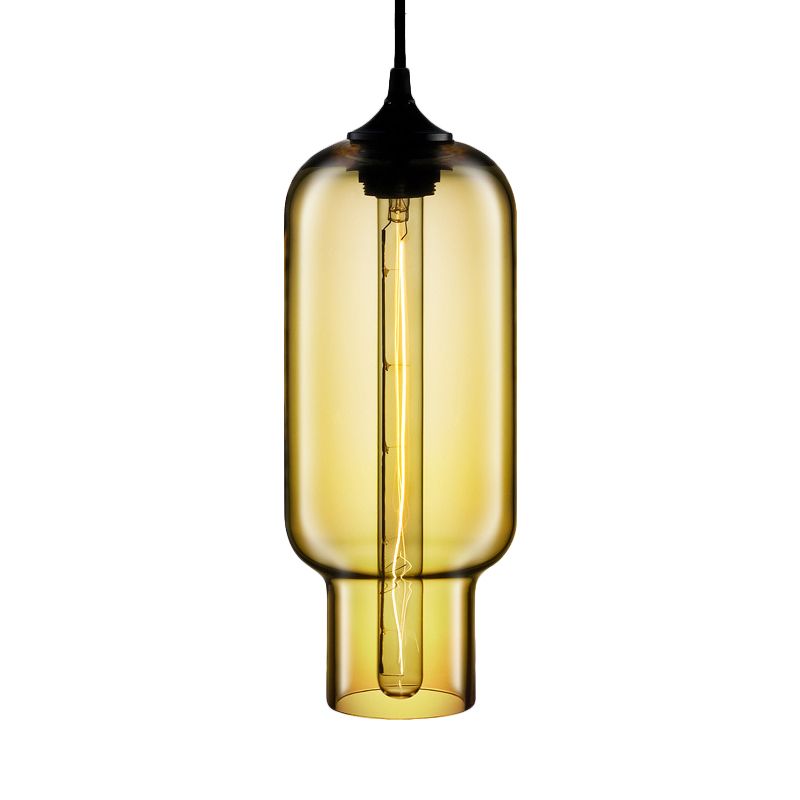 1 Bulb Cylindrical Hanging Light Industrial Clear/Blue/Amber Glass Ceiling Pendant Lamp for Restaurant