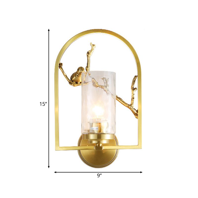 Cylindrical Sconce Light Traditionary Metal 1/2 Heads Gold Wall Lamp Fixture with Bird Deco