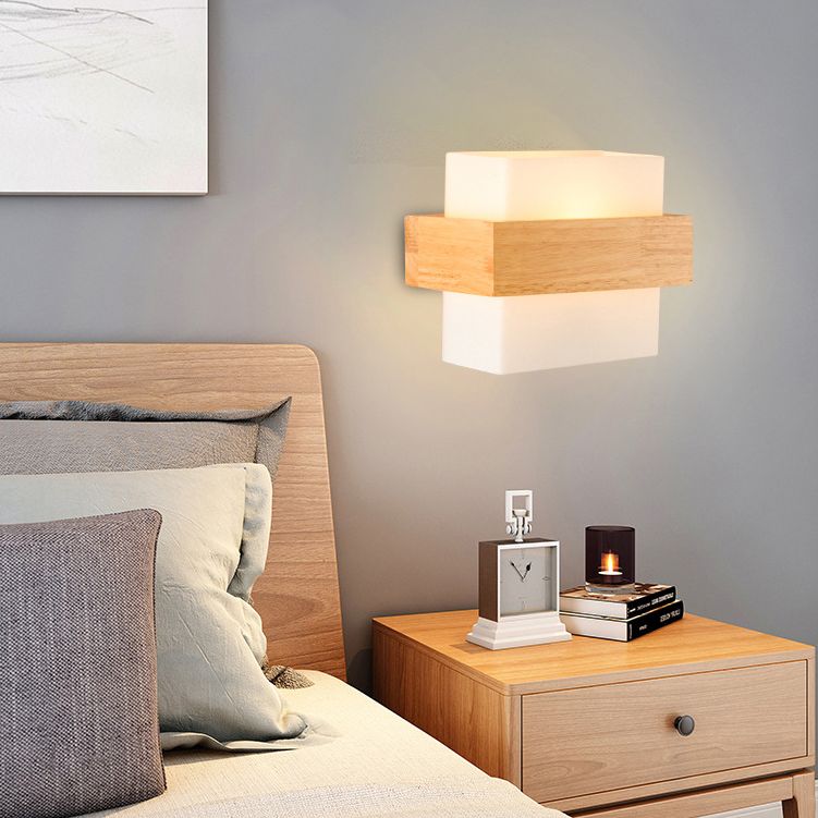 8.6" Wide Rectangular Modern Style Wall Lamp Simplicity Wooden Bedroom Sconces Light with White Glass Shade