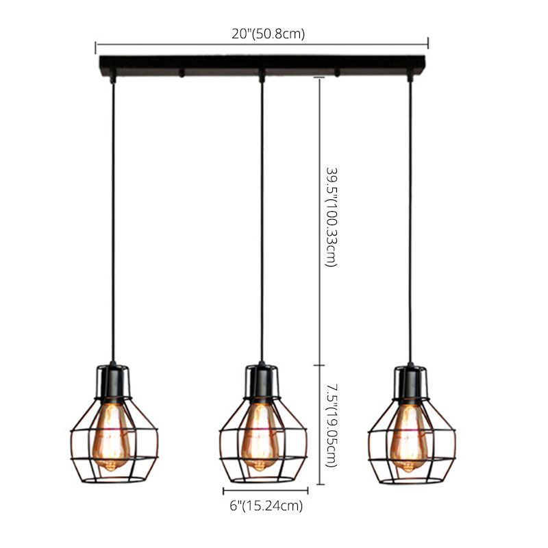 3-Lights Iron Cage Island Light 21.5 Inches Length Industrial Style Black Metal Hanging Light for Kitchen Bar
