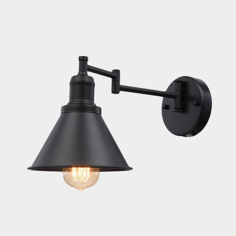 Swing Arm Iron Sconce Lighting Vintage 1 Bulb Coffee Shop Wall Lamp in Black with Conical Shade