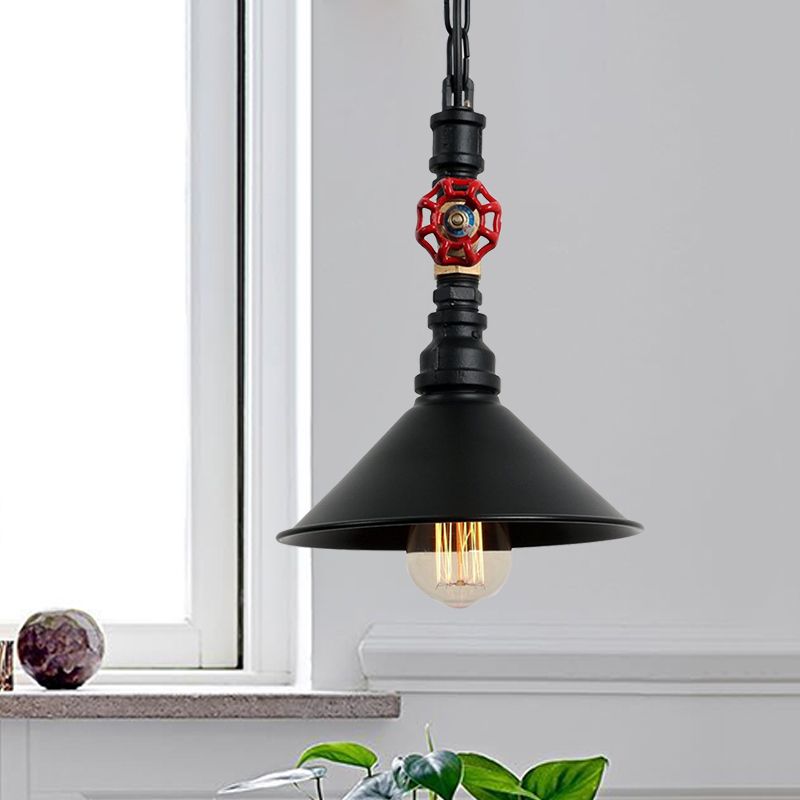 Black/Bronze 1 Light Hanging Lamp Industrial Metal Water Pipe and Valve Suspension Pendant with Cone Shade