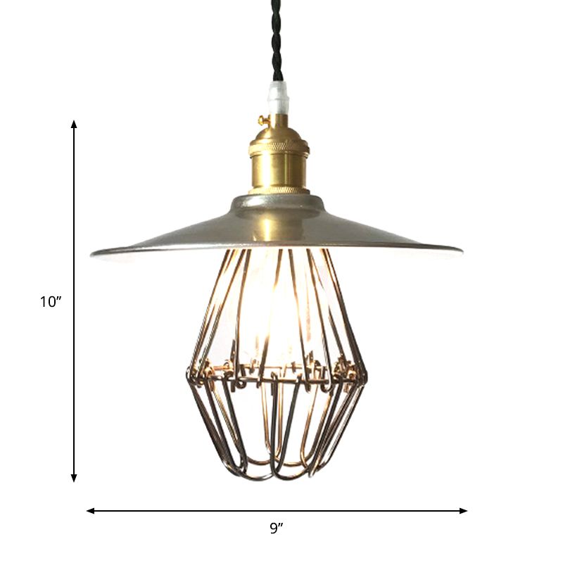 Industrial Saucer-Like Drop Pendant Single Light Metal Caged Design Hanging Ceiling Lamp in Nickel, 9"/14" Width