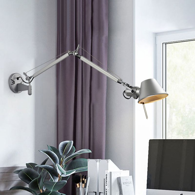 Silver Conical Wall Mount Sconce Vintage Metallic 1 Bulb Living Room Wall Light with Swing Arm