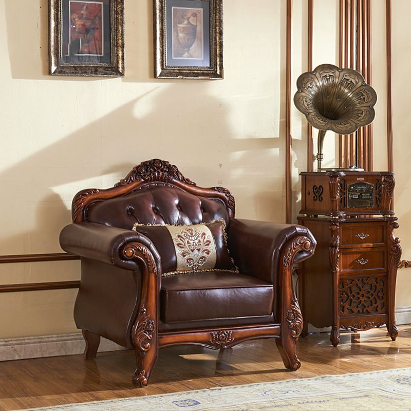 Genuine Leather Sofa Tufted Split-Back Rolled Arm Sofa in Brown