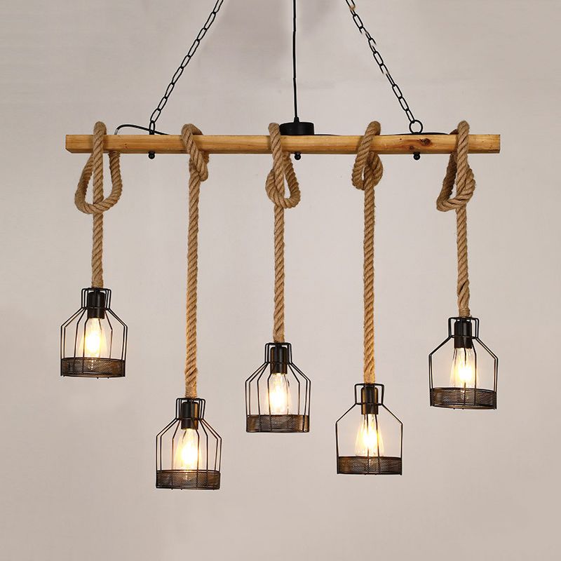 3 / 5 - Light Kitchen Island Fixture Wood and Iron Ceiling Lighting with Hemp Rope