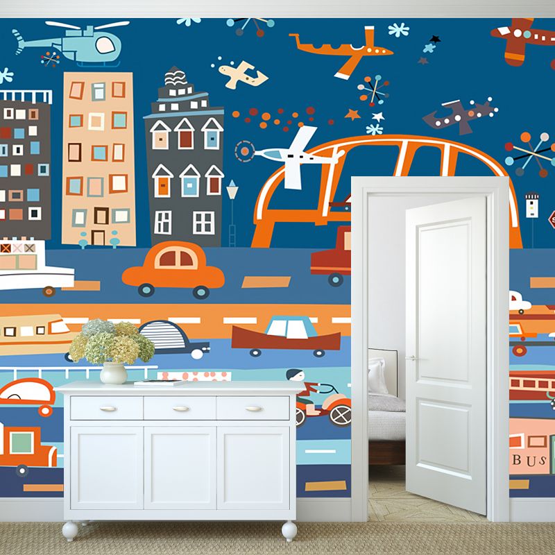 Blue-Orange Transportation Wall Murals Stain Resistant Childrens Art Bedroom Wall Covering