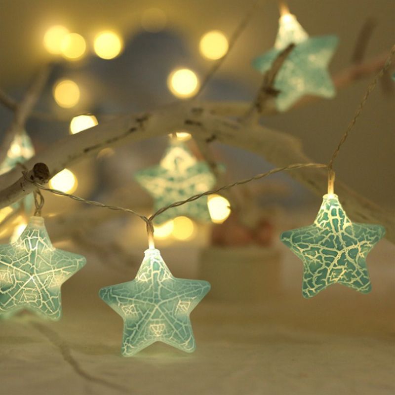 6.5ft Plastic Crackle Star String Lamp Art Decor 10 Heads Clear LED Fairy Lighting for Courtyard
