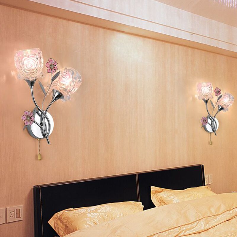 Modern Flower Flush Mount Wall Sconce 2-Light Bedroom Wall Sconce Lights with Grass Shade