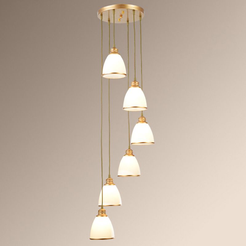 Traditional Bell Shade Multi Ceiling Light Cream Glass Suspension Lighting for Living Room
