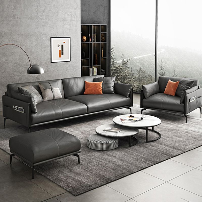 Gray Leather Sofa with Four Legs Contemporary Living Room Seating