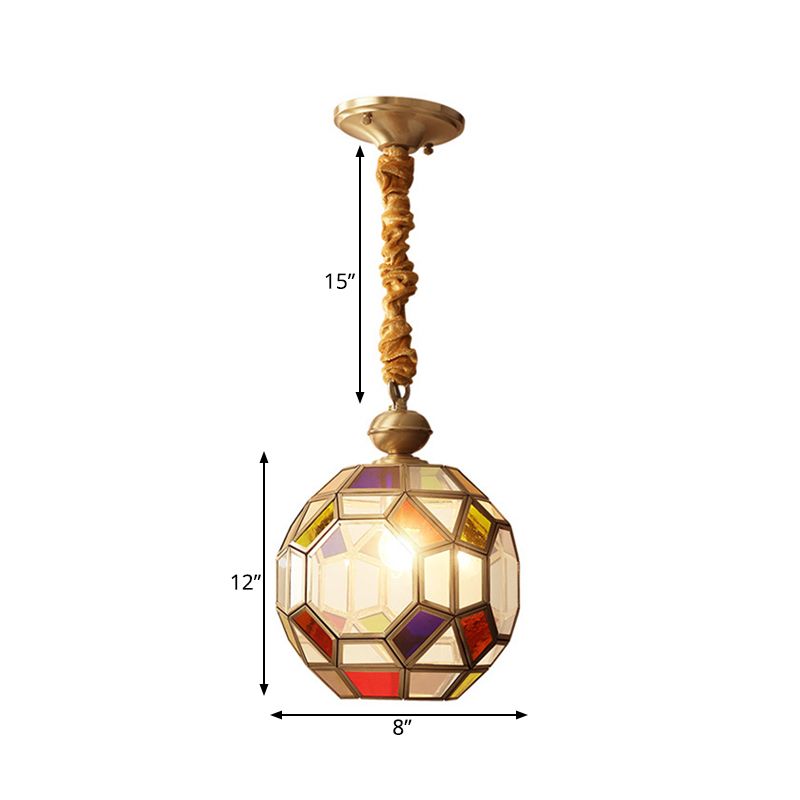 1 Bulb Faceted Disco Ball Pendant Colonial Brass Finish Ceiling Lamp with Multi-Colored Glass Shade