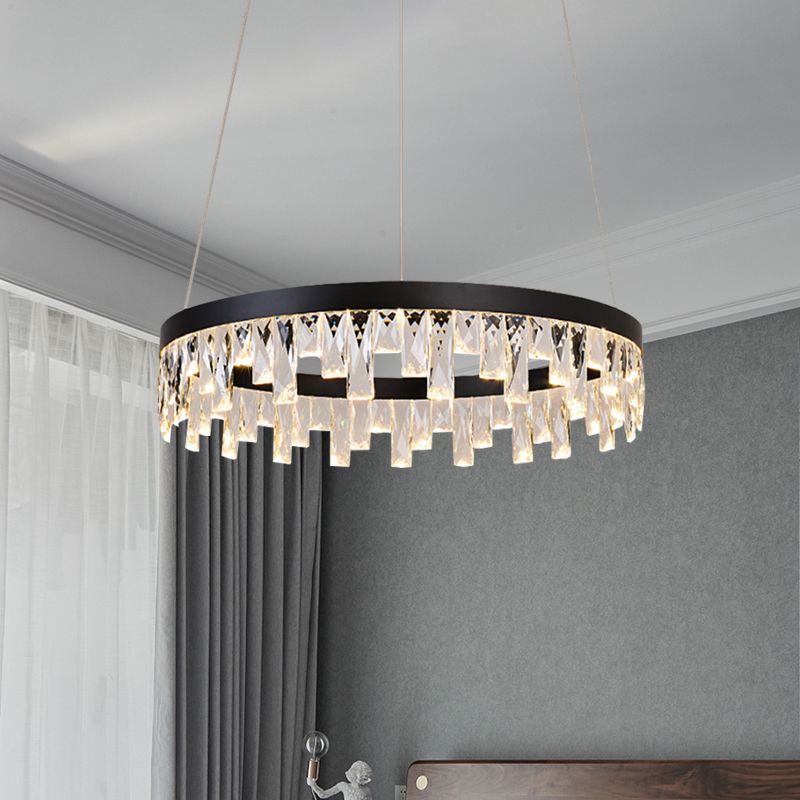 LED Chandelier Pendant Light Modern Loop Cut Crystal Down Lighting in Black for Bedroom