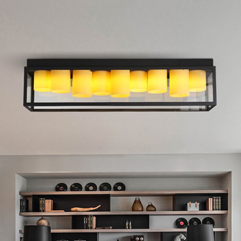 Country Rectangle Flush Light Fixture 9 Bulbs Clear Glass Ceiling Lighting with Inner Beige Marble Shade