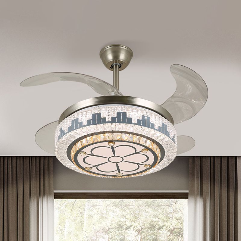 LED Circulaire semi-vlakke moderne roestvrijstalen heldere kristalblokken 4 messen hanger ventilator licht, 19 "breed