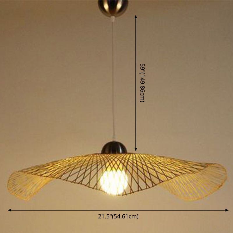 Bamboo Hat Hanging Light Fixture Asia Style Beige Suspension Pendant Light for Restaurant