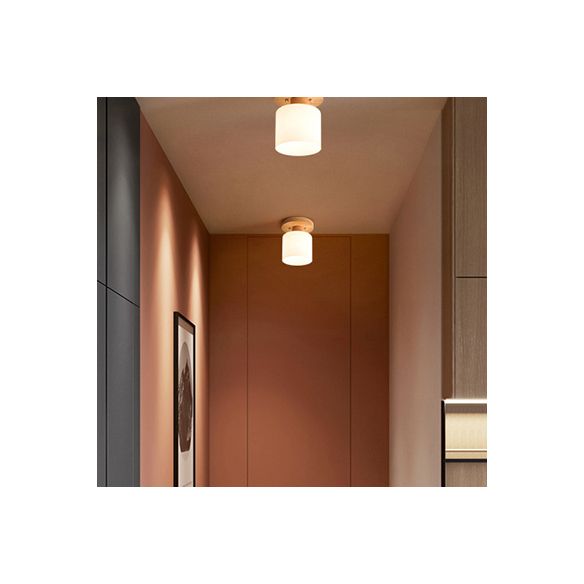 Wood Shaded Close to Ceiling Lighting Fixture Modern Natural Ceiling Mounted Light