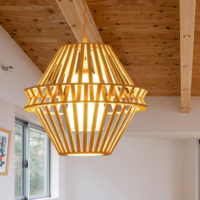 Iluminación colgante de cono de bambú asiático 1 Bulbo de madera de madera Luz colgante con sombra de tela blanca interna