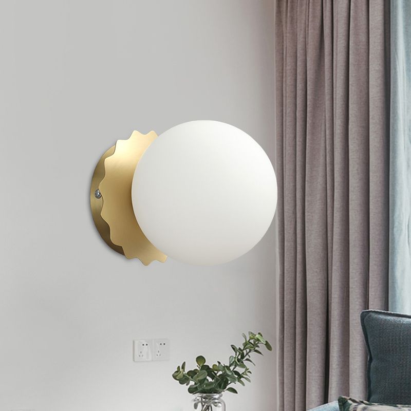 White Glass Globe Wall Sconce Light Modernism 1-Bulb Gold Wall Lighting for Bedroom