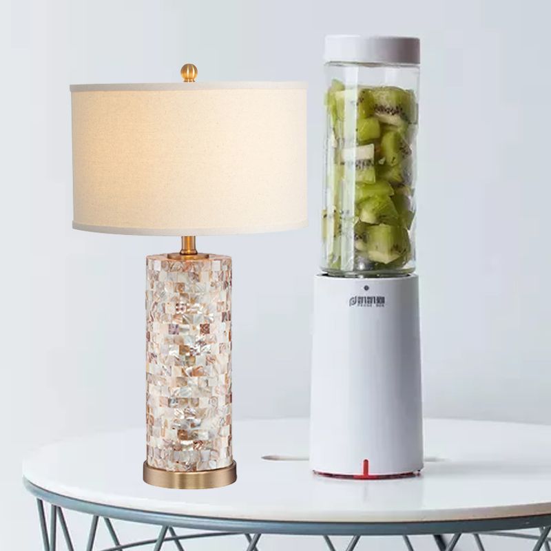 Shell Patchwork Column Nightstand Light Minimalist 1 Head Parlor Table Lamp with Cylinder Fabric Shade in Flaxen/White