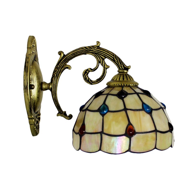 Vintage Bowl Wall Light Stained Glass 1 Light Wall Sconce Lamp Fixture with Jewel Pattern in Beige