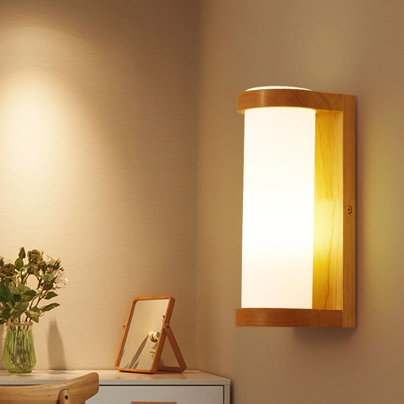 Simple Rectangle Sconce Lighting Wood 1 Head Corner Wall Mount Lamp with Tube Opal Glass Shade
